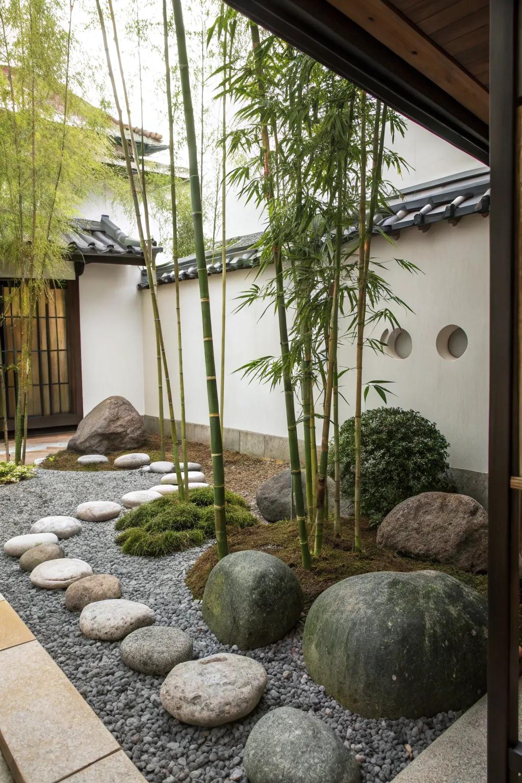 A zen garden with rocks and bamboo provides a peaceful retreat for meditation.