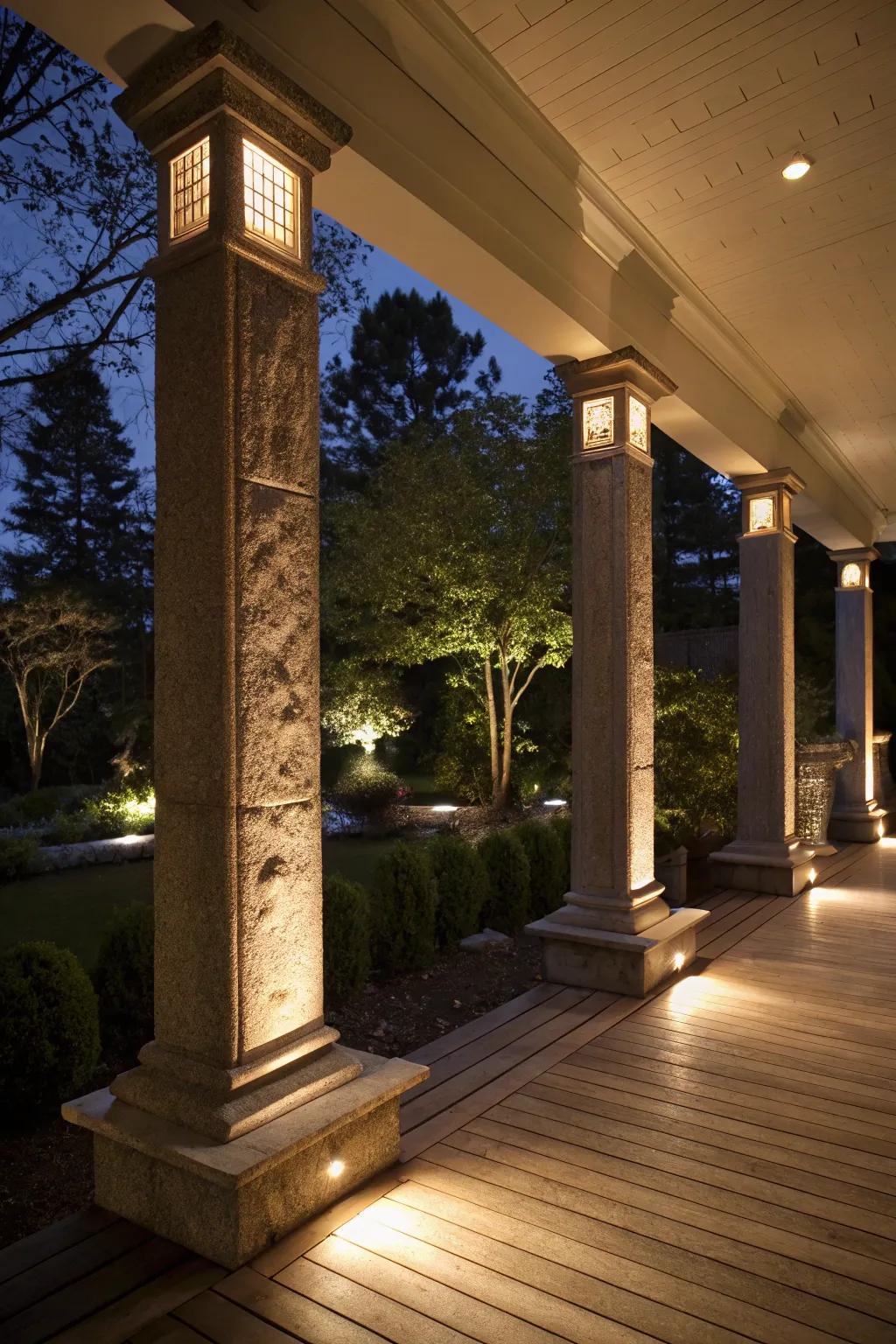 Luminescence integrated into rectangular pillars creates a welcoming glow.