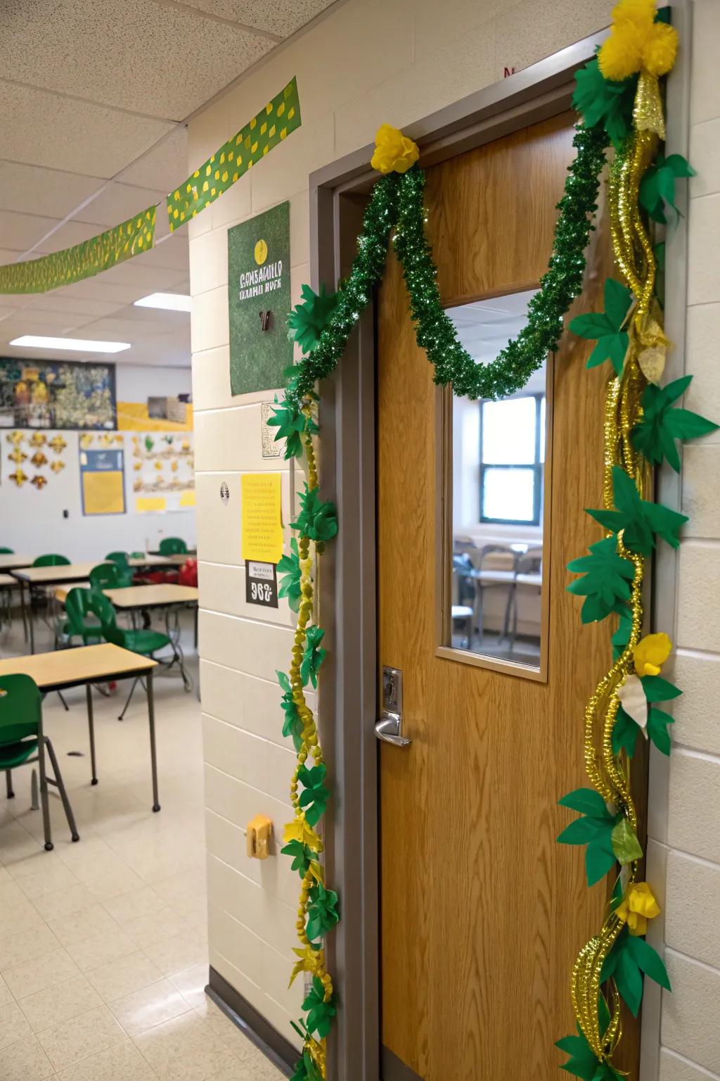 A classroom door elegantly decorated in green and gold for St. Patrick's Day.