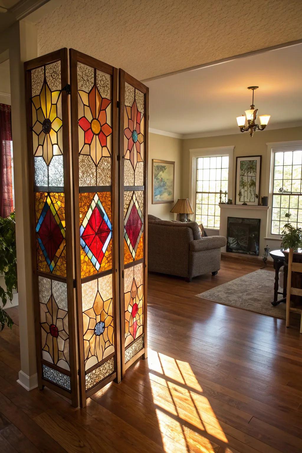 Stained glass room dividers elegantly blend functionality with artistry.
