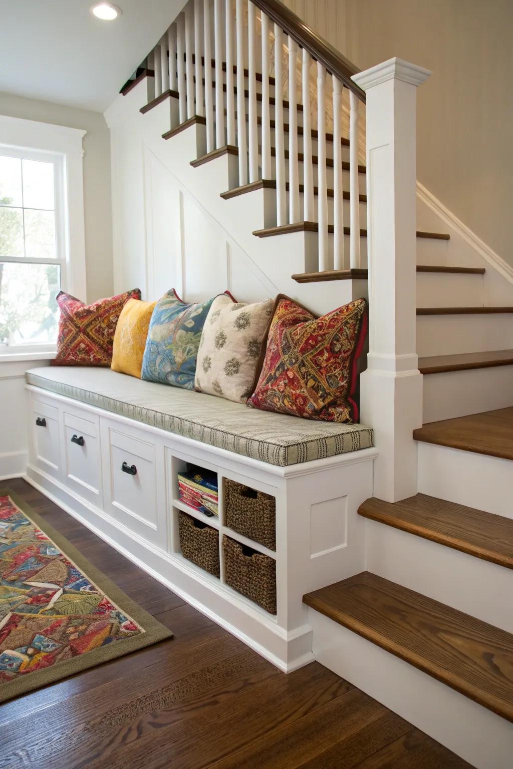 A built-in bench on your stair landing provides seating and functional storage.