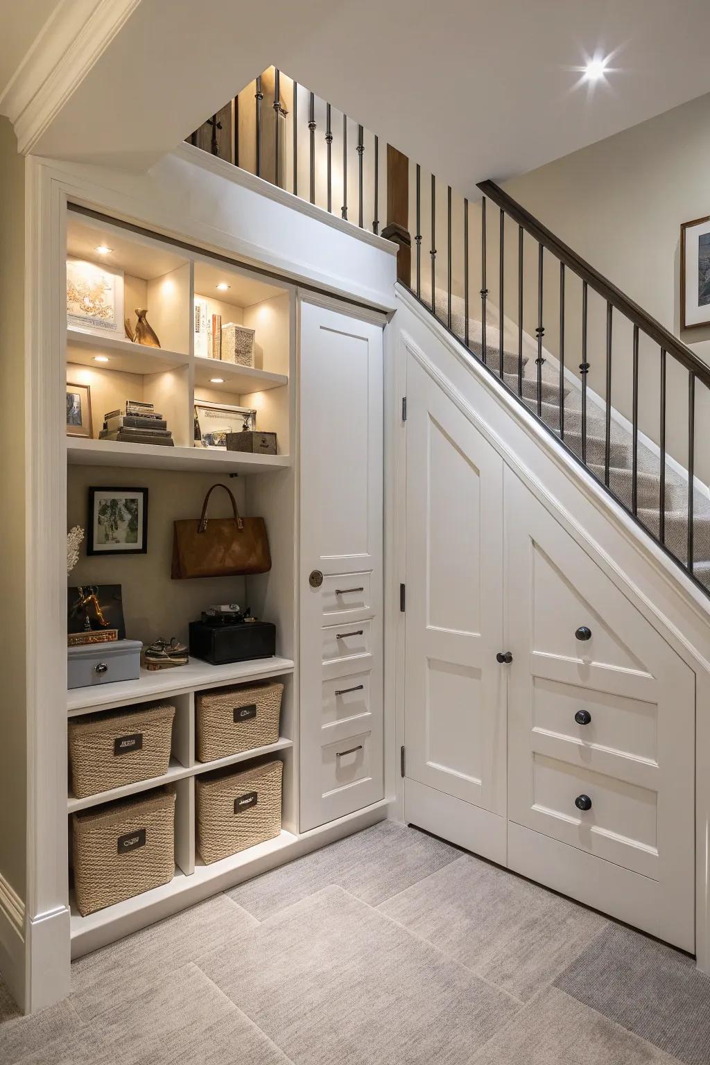 Panelled under-stair storage is both stylish and practical.