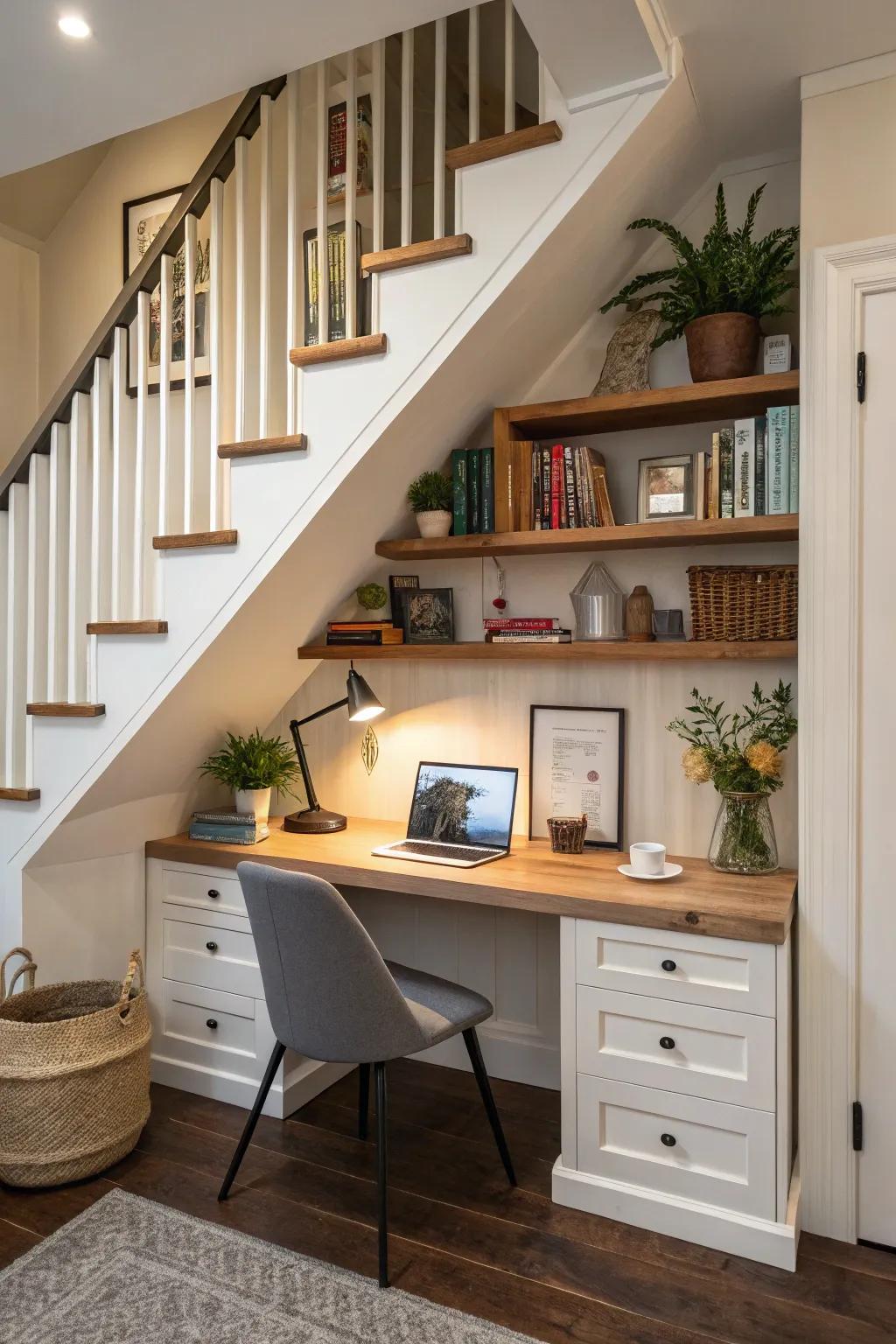 Design a perfect work-from-home space beneath the stairs.