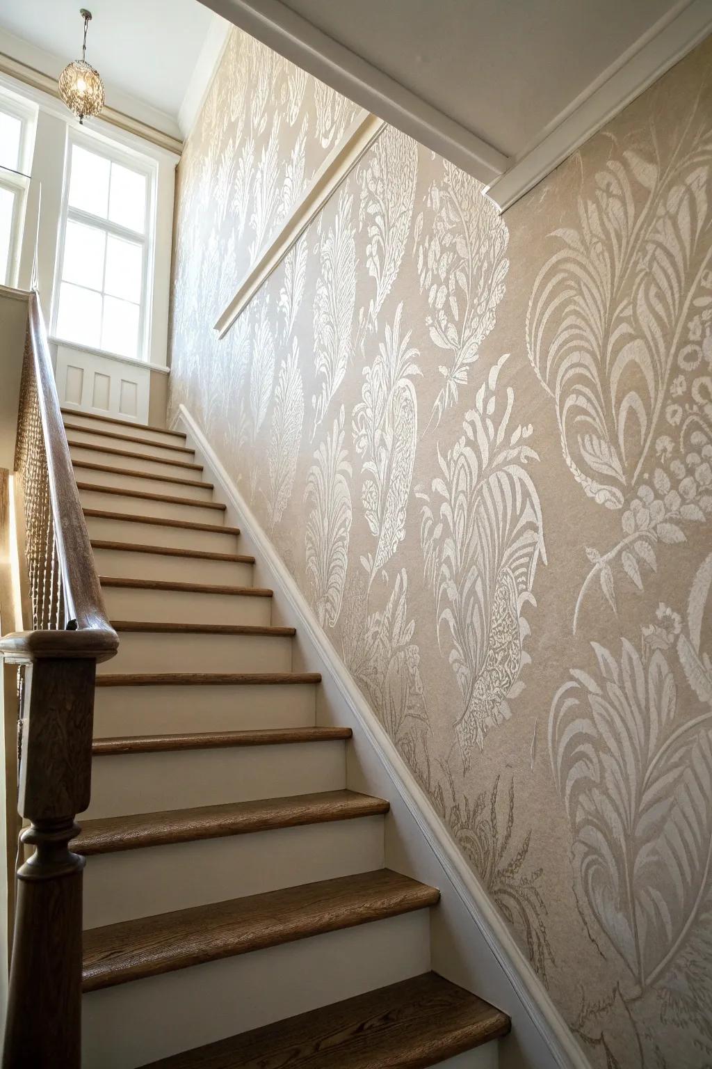 Textured wall coverings effortlessly provide dimension to stairwell walls.