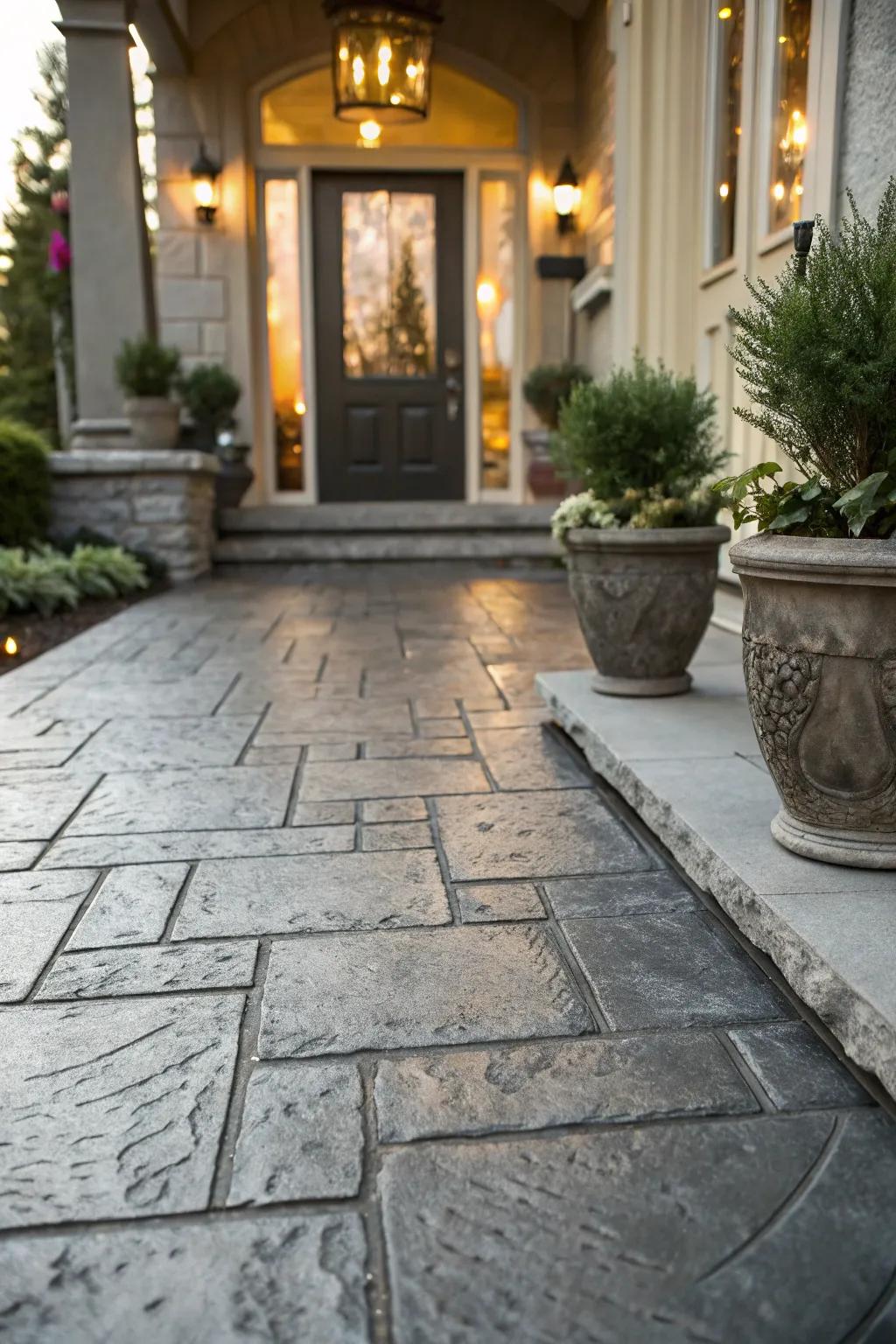 Stone-patterned concrete infuses this entryway with enduring grace.