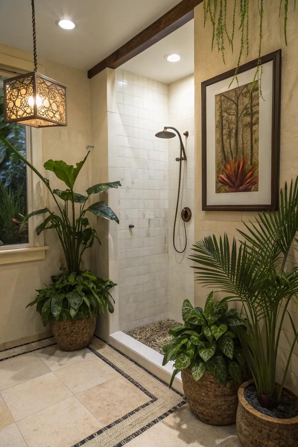 Decorative elements adding character and warmth to a stand-up shower.