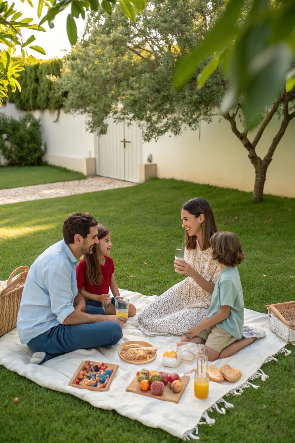 Delight in the simple joys of a family backyard picnic.