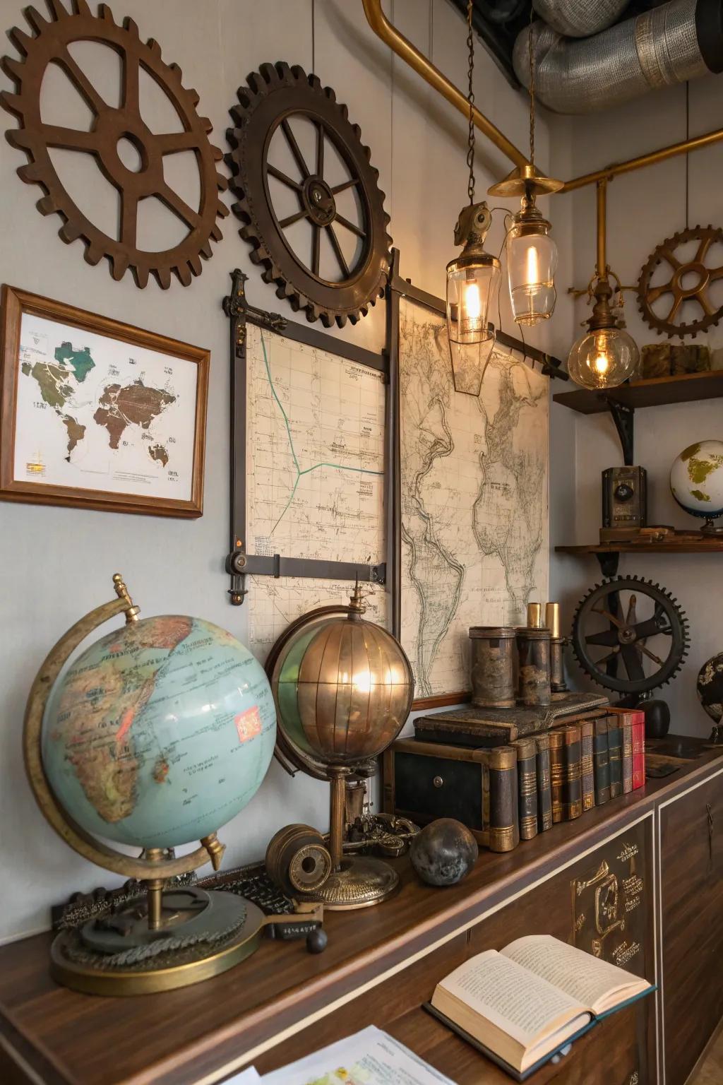 Globes and maps from yesteryear imbue this steampunk room with the thrill of adventure.