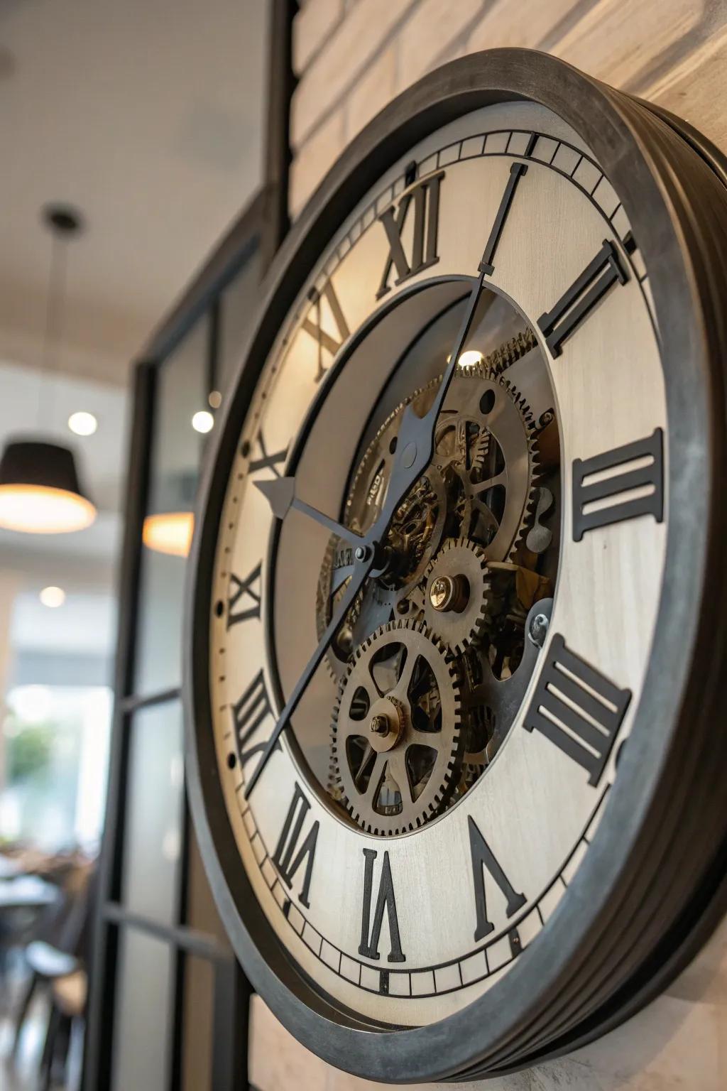A mechanical clock becomes a main attraction with its complex, exposed gears.