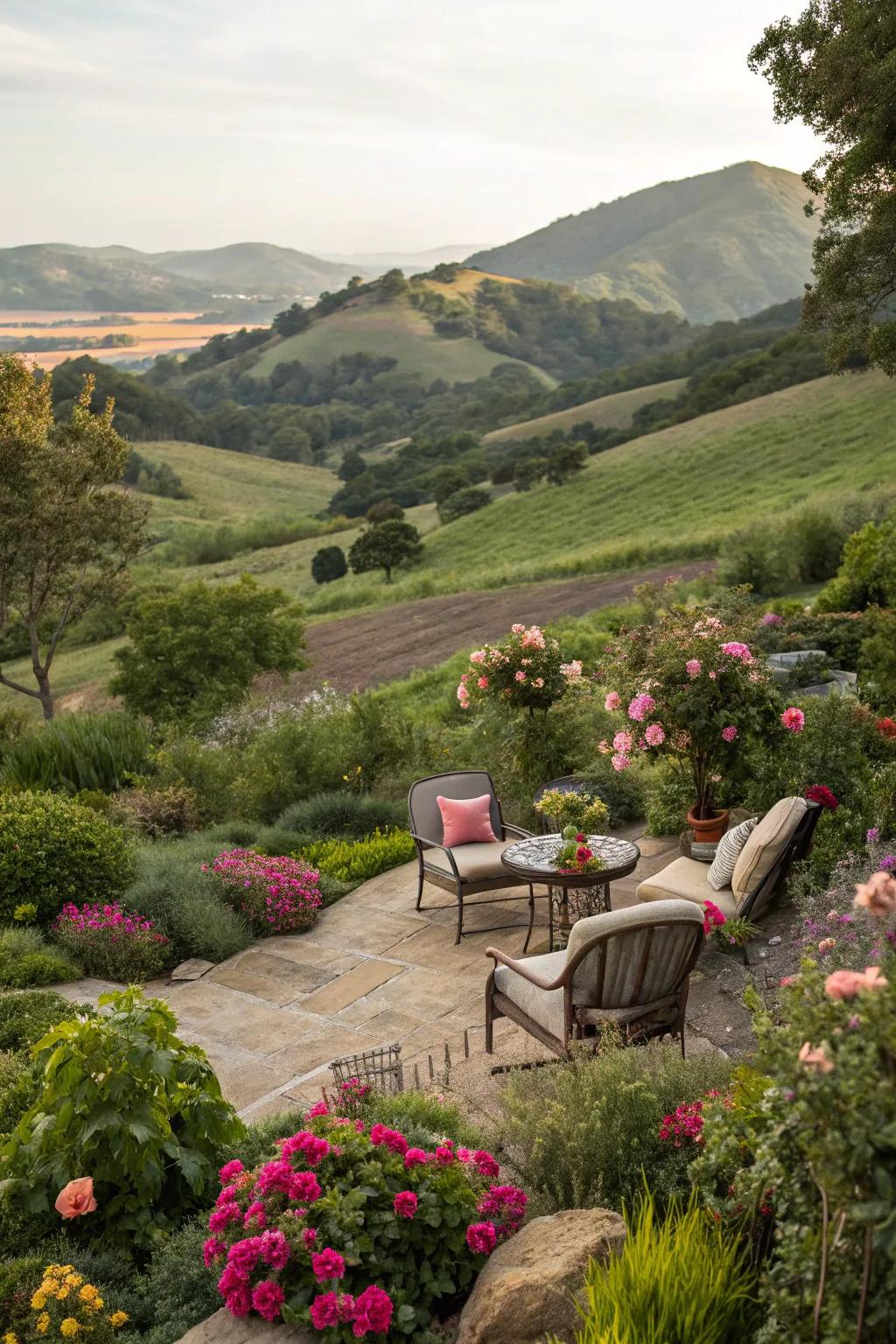 Create a serene spot to enjoy your hillside garden's beauty.