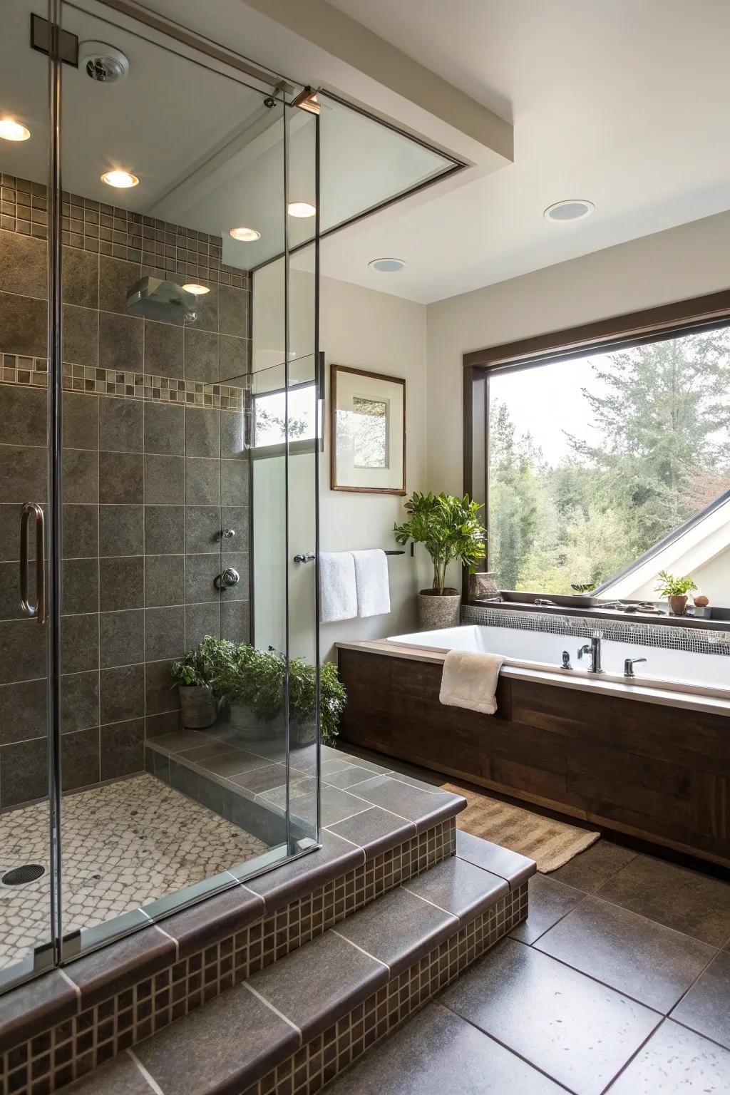 Bathroom showcasing an assimilated sunken shower and tub, epitomizing adaptability.