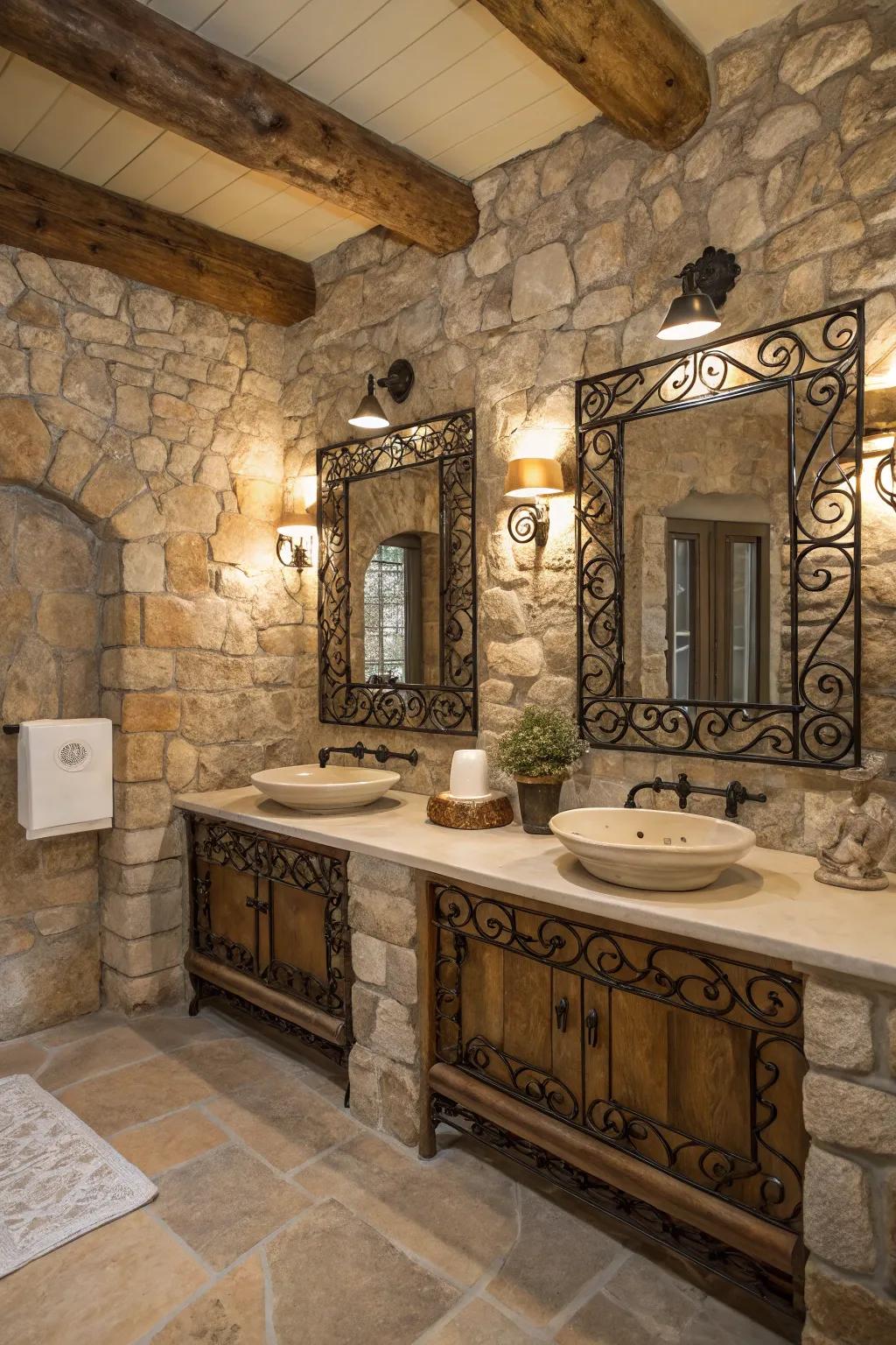 A stone bathroom featuring down-to-earth accents, including wrought iron mirrors.