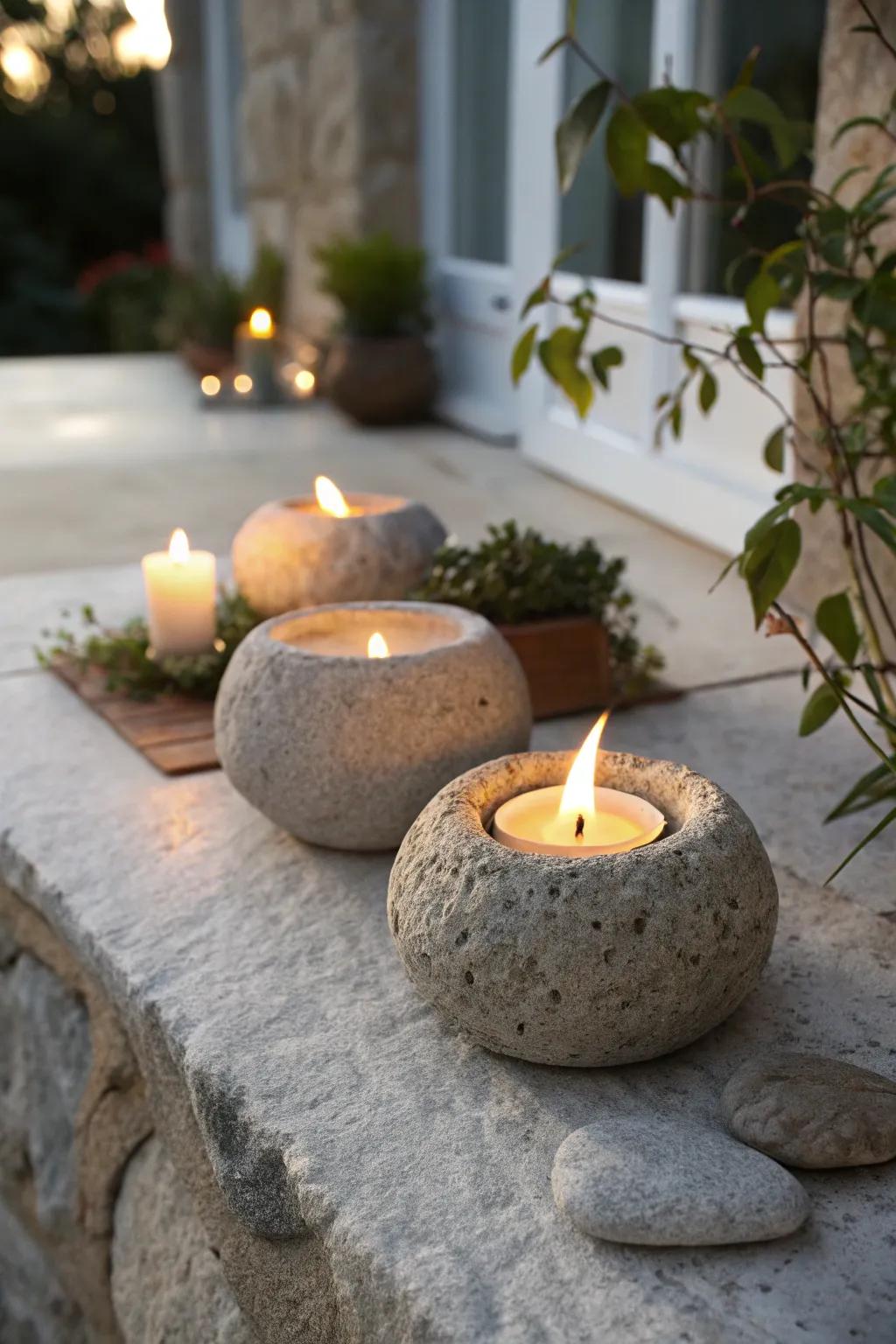 Earthy stone candle holders projecting a cozy evening luminosity.