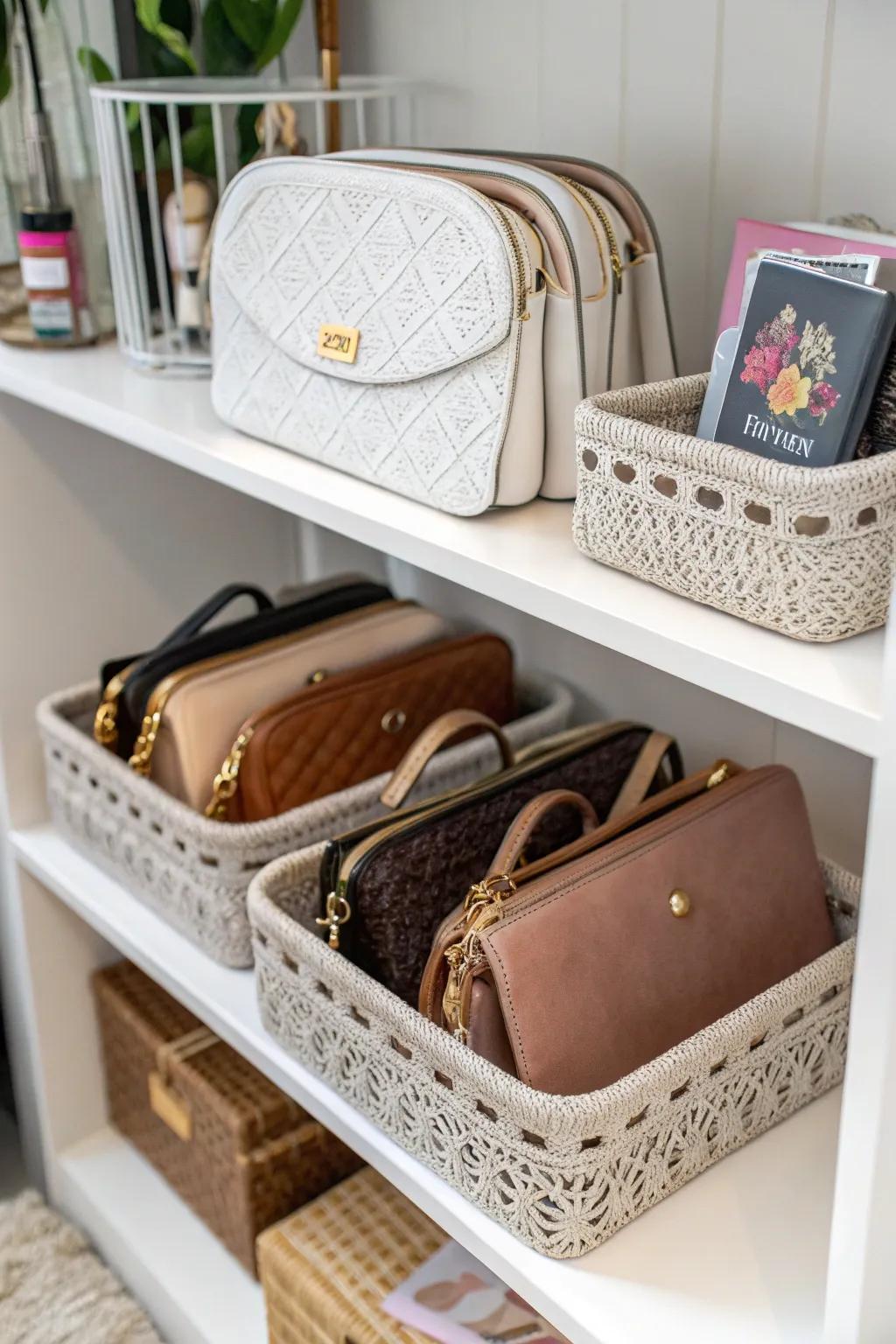 Purses stowed within decorative baskets.
