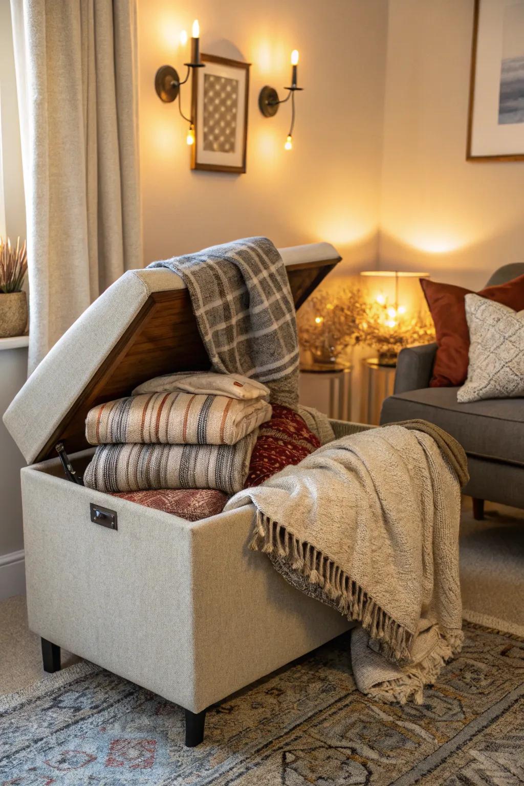 Furniture with concealed storage provides an attractive solution.