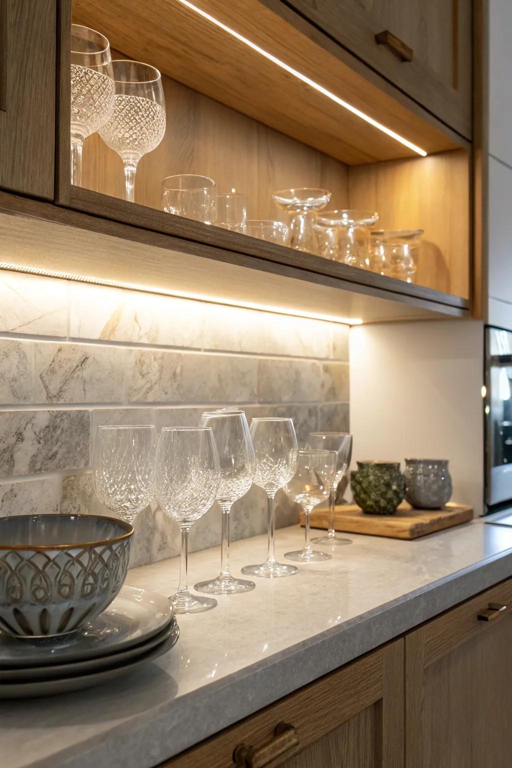 Under-cabinet lighting enhances visibility and accentuates glassware.