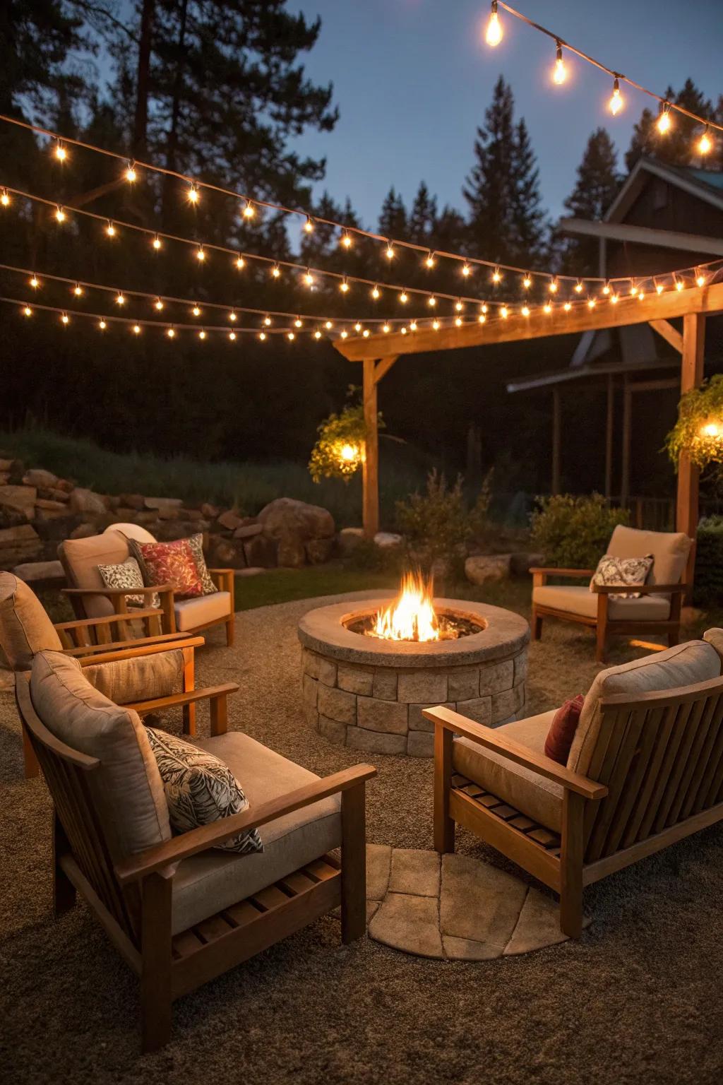 Rope lights subtly outline the fire pit area.