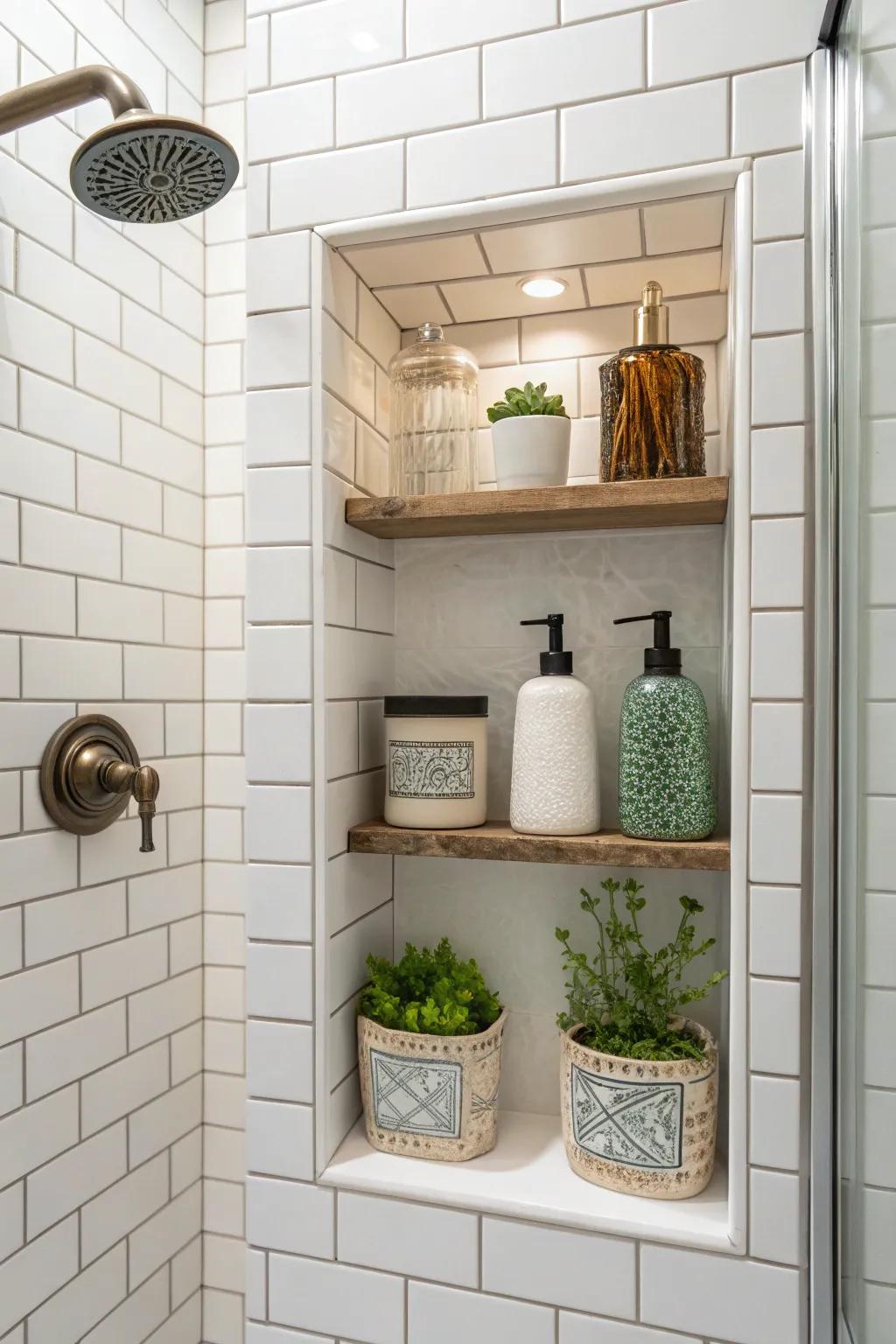 Personalized touches in a shower niche.