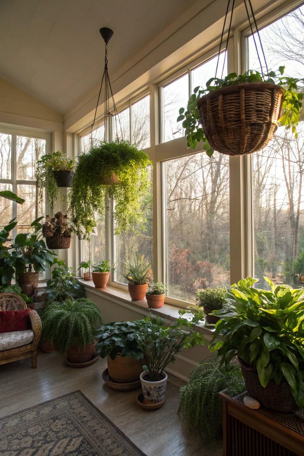 Rich greenery transforms this living room into a refreshing indoor garden.