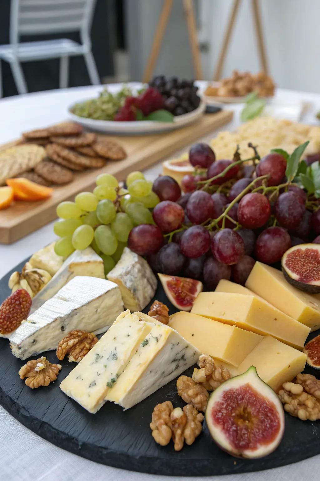 An elegant cheese and fruit platter perfect for summer occasions.