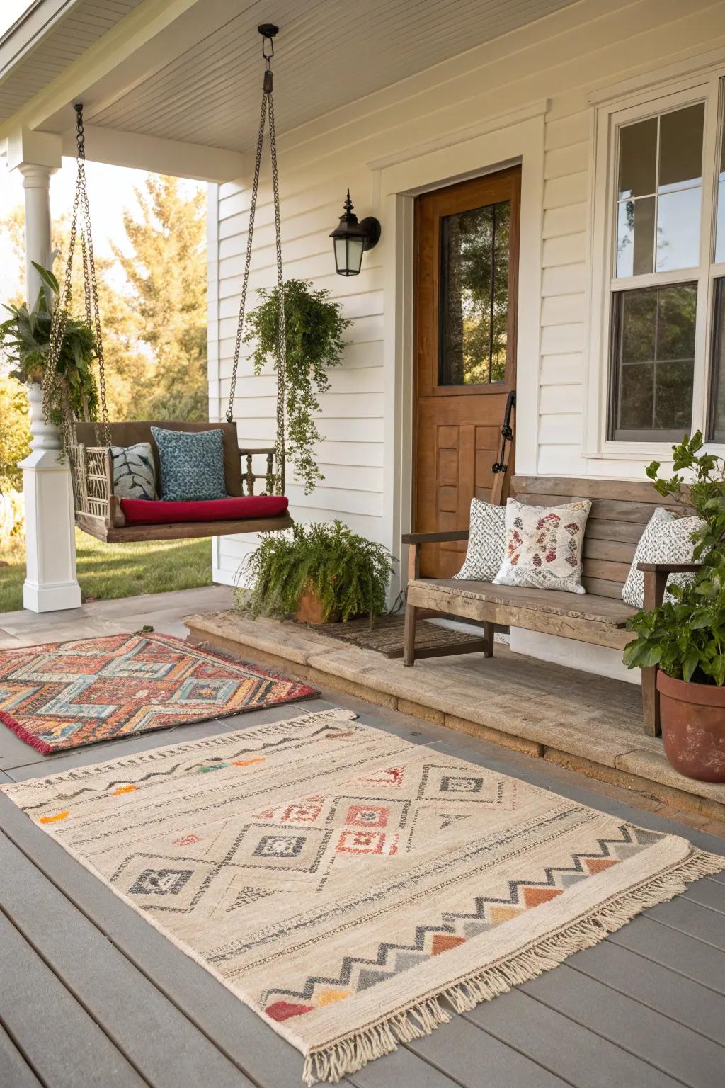 Layered ground coverings create an inviting and fashionable entry.