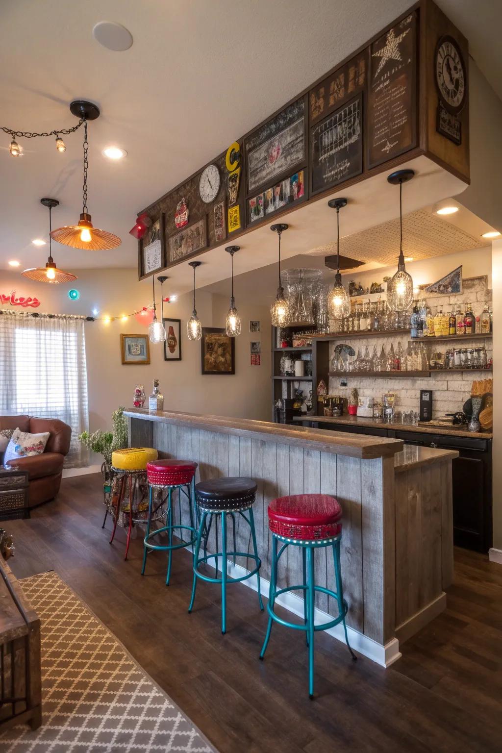 Custom-made signs and ornaments give this bar a unique personal touch.