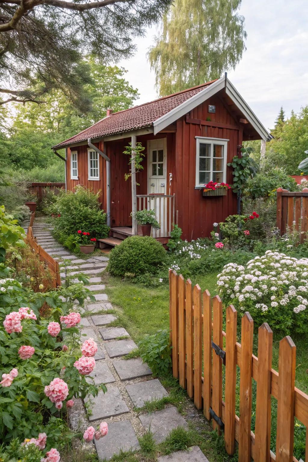 A country red summer house, exuding warmth and charm.