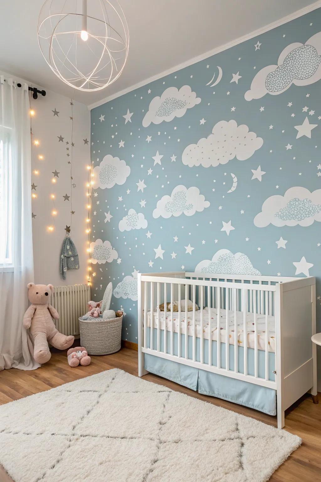 Design an airy area using sky-themed wallpaper.