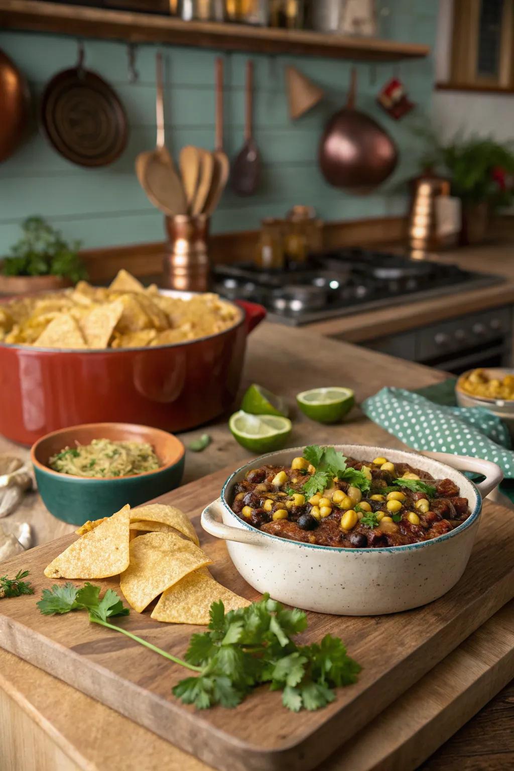 Southwestern dark legume and grain bake, full of vibrant flavors.