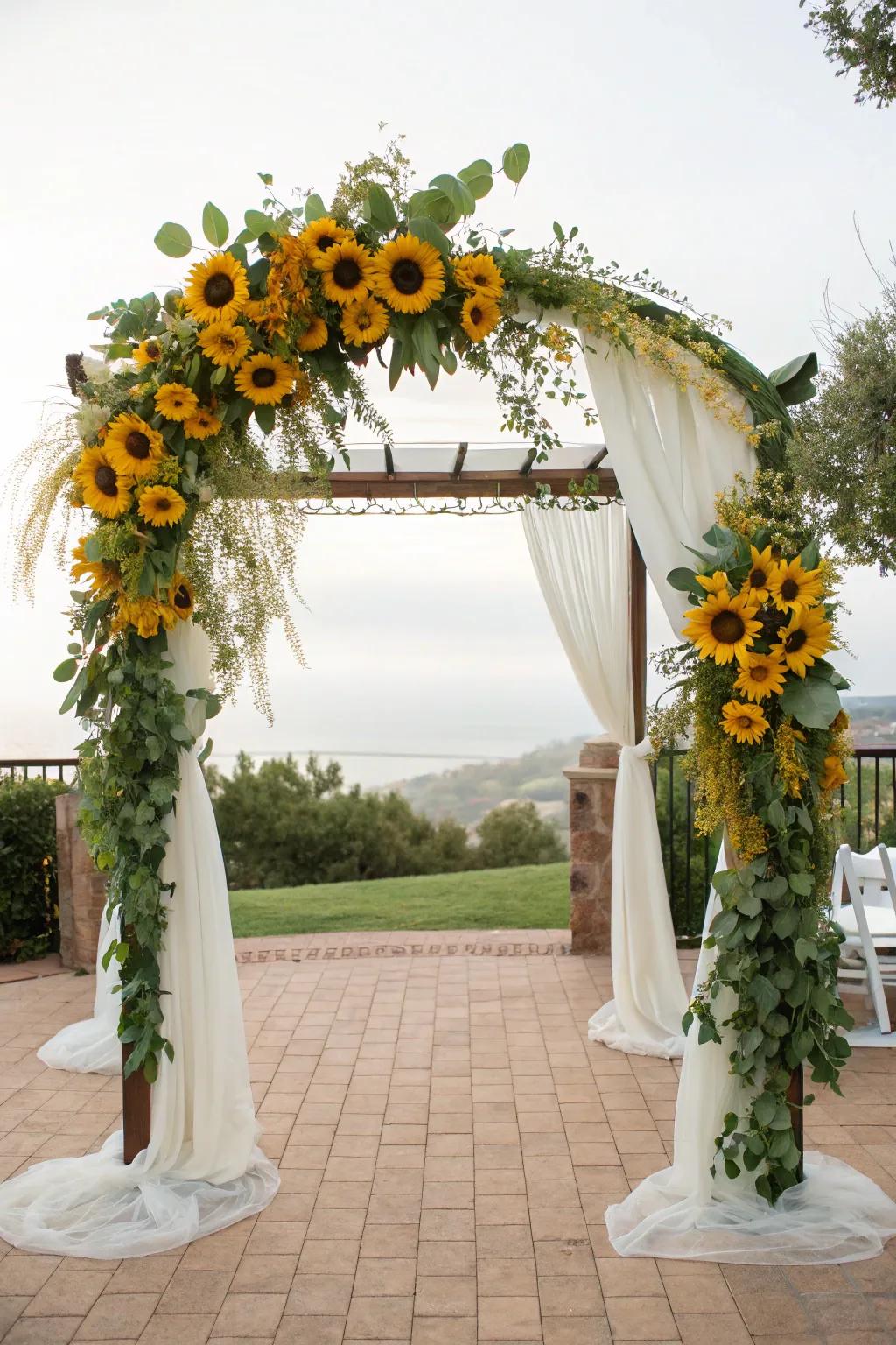 A picturesque wedding gateway embellished with golden blooms.