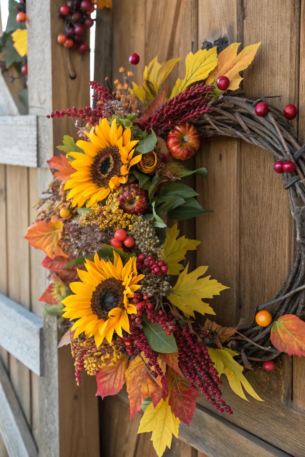 Welcome the essence of autumn with a sunflower wreath adorned with quintessential fall accents.
