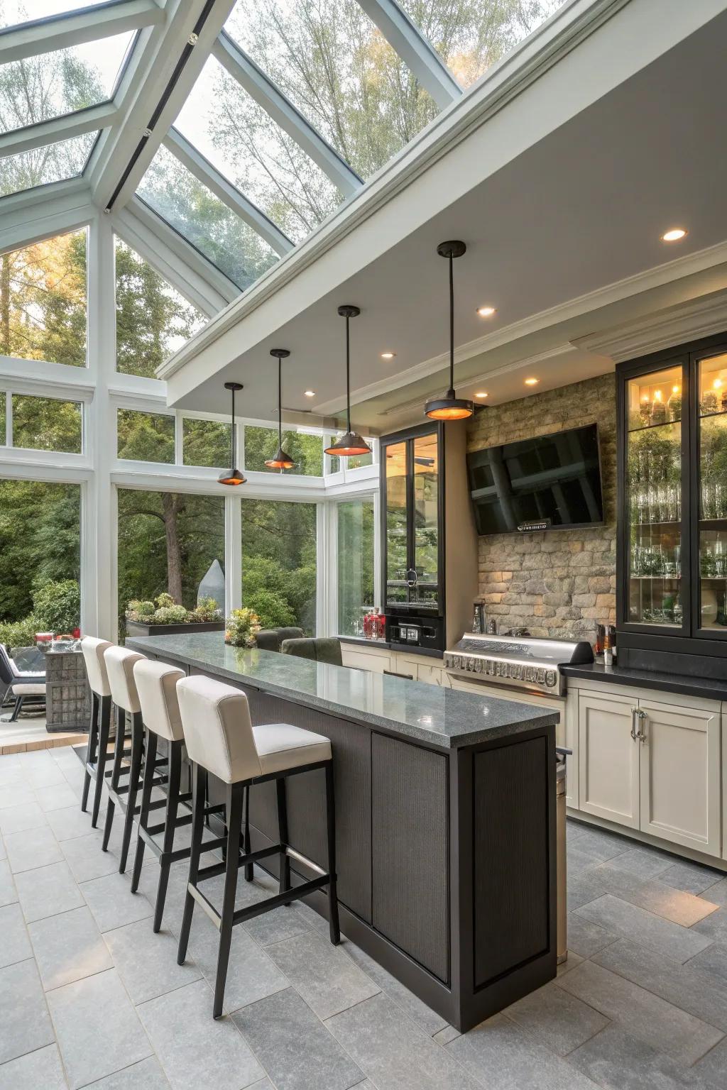 Advanced technology upgrades the functionality and ambiance of your sunroom bar.