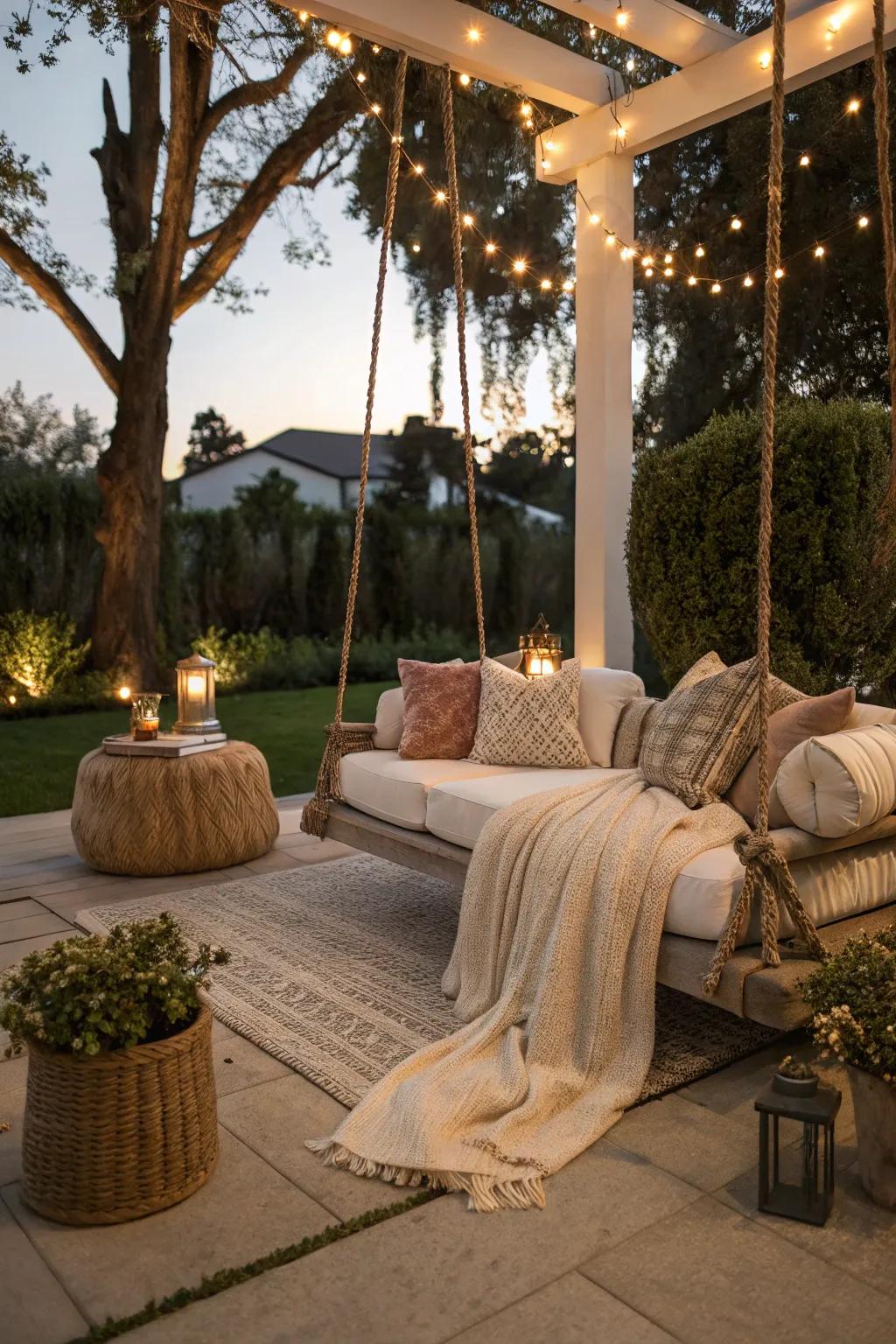 An outdoor lounge swing becomes a social epicenter beneath the constellations.