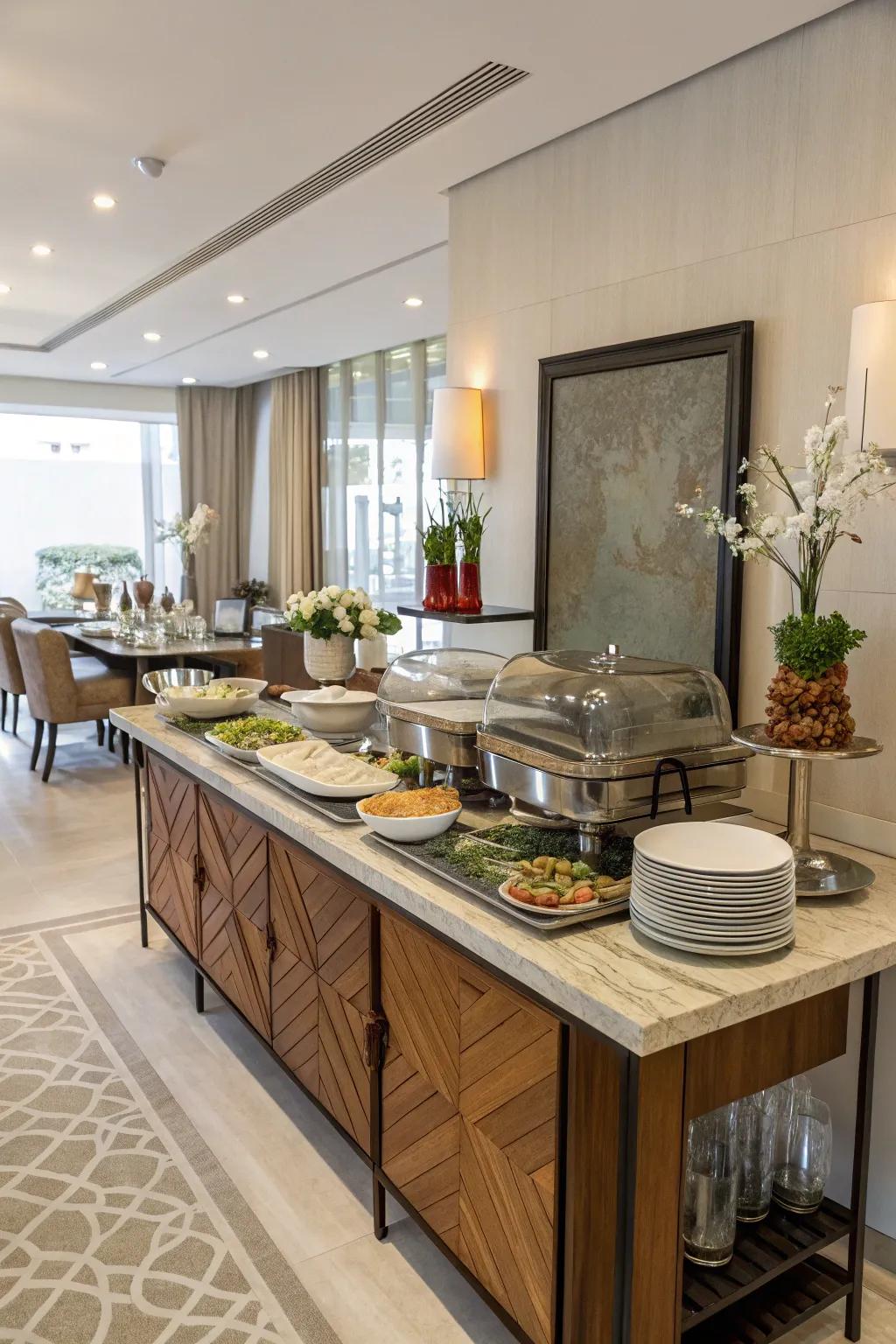 Mixing surfaces adds dimension to your buffet arrangement.