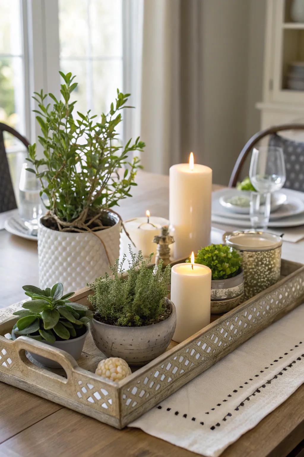 A chic and versatile tray display as a centerpiece.