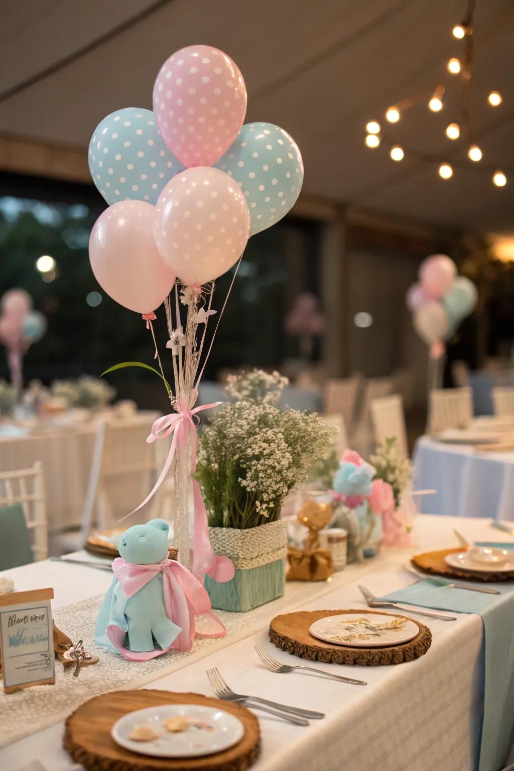 Charming centerpieces featuring baby-themed props for added whimsy.