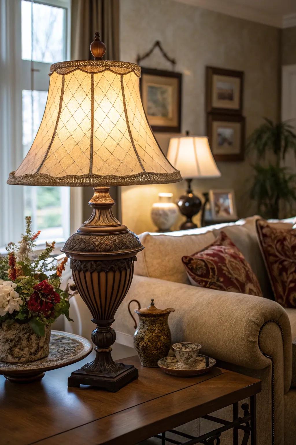 A warm-glowing table lamp creates a cozy atmosphere in a living room.