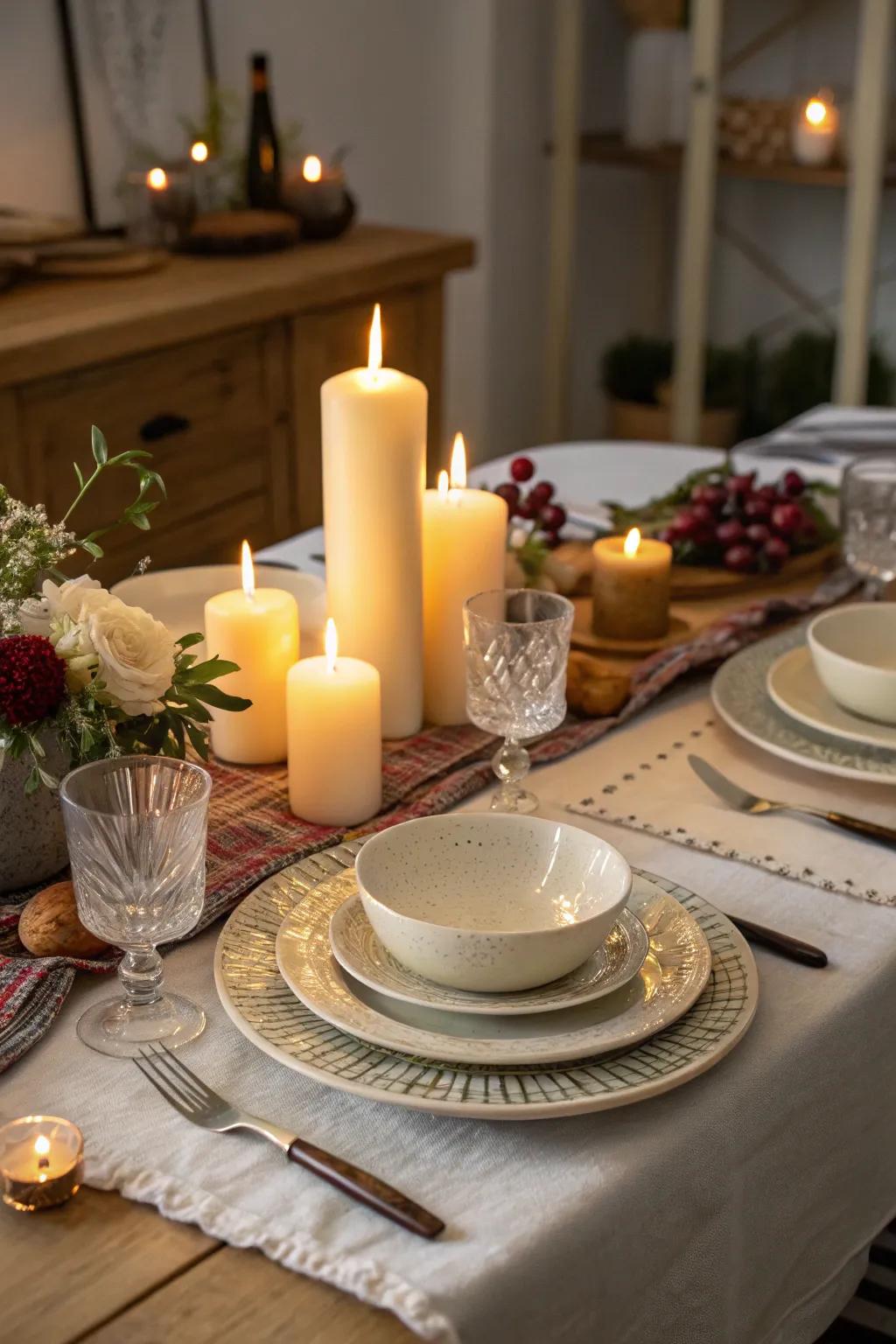 Wax lights introducing heat and a captivating radiance to the table arrangement.