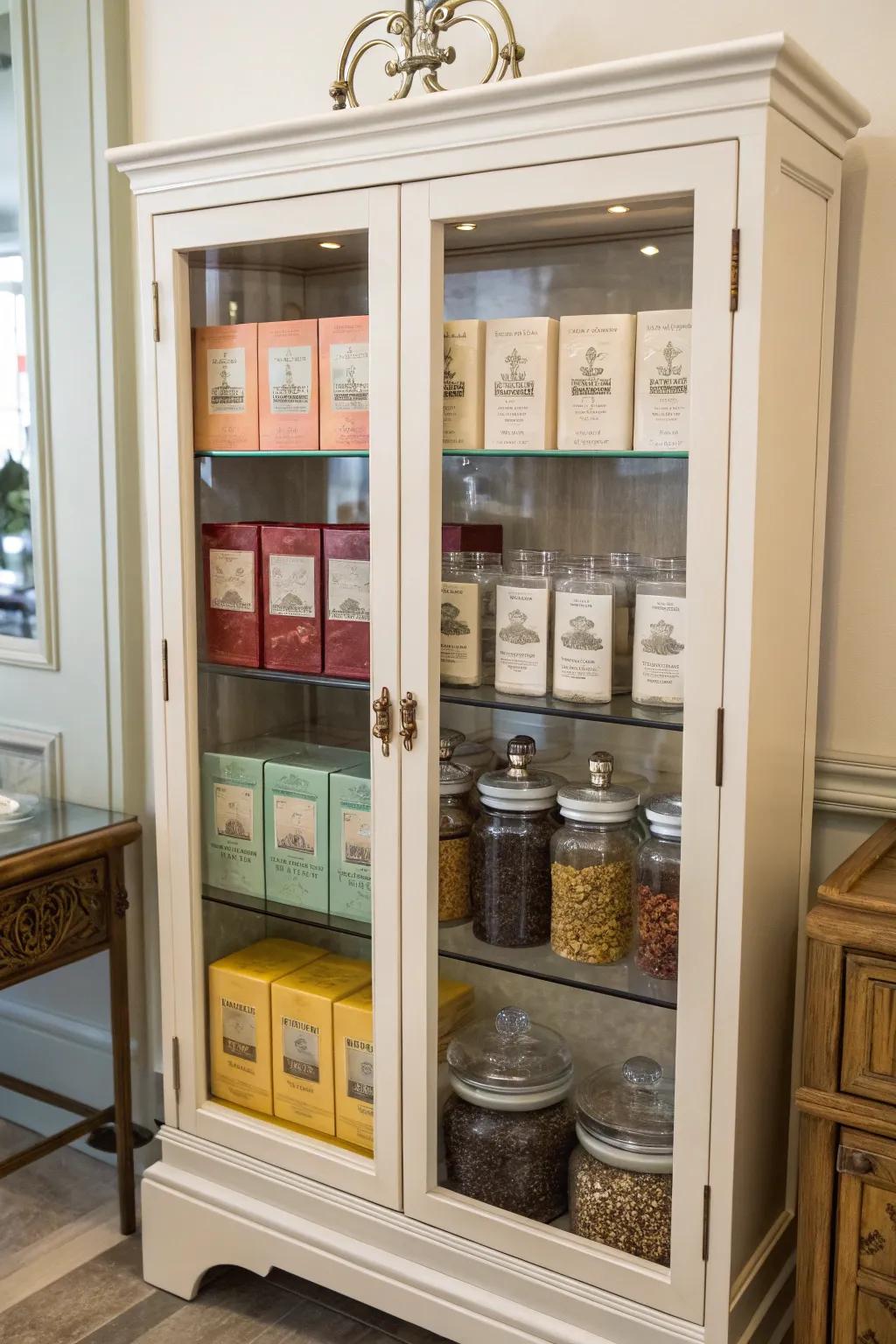 A stylish cabinet showcasing a tea collection.