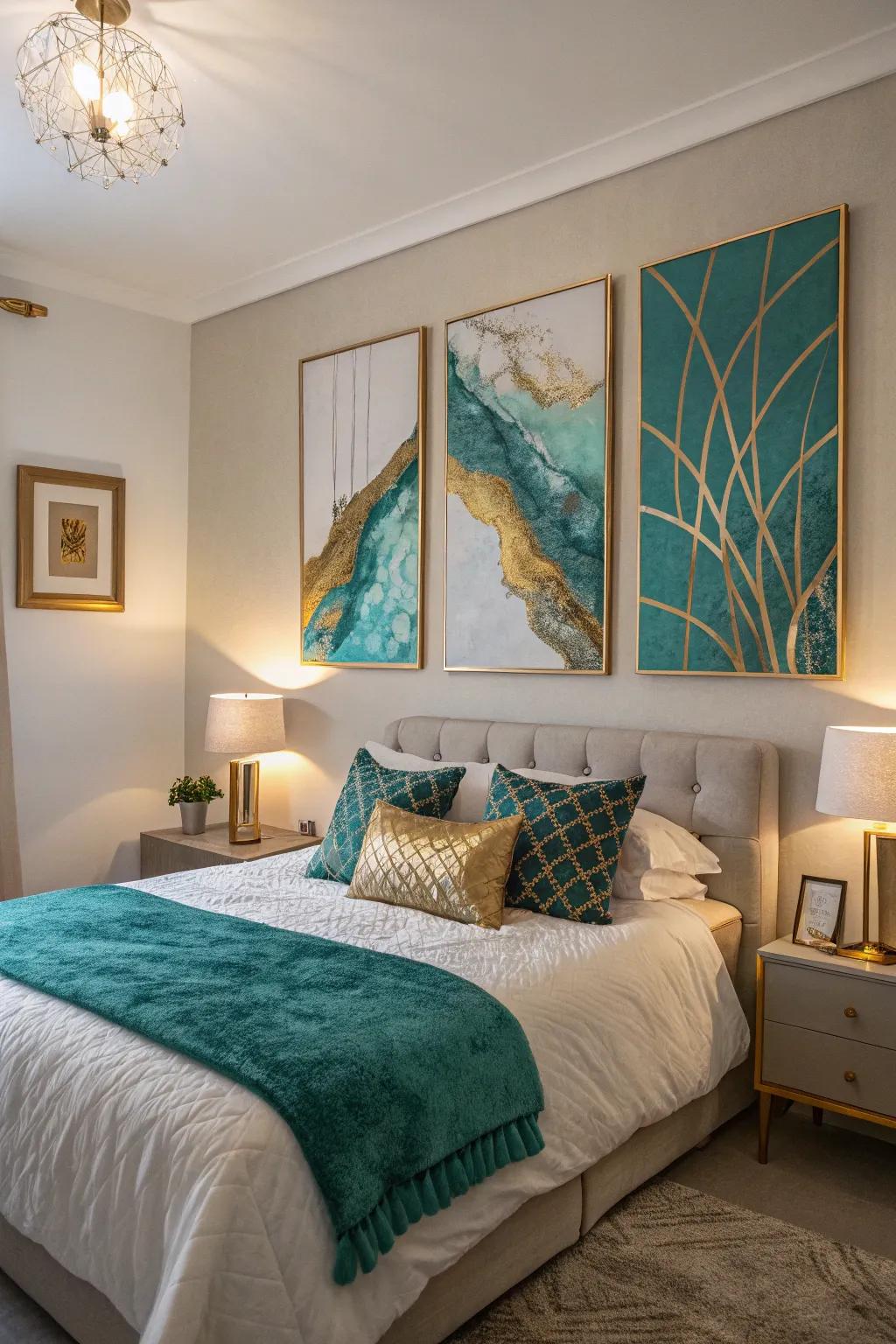 Abstract work in aqua and gilded tones enhances the artistic ambiance of this bedroom.