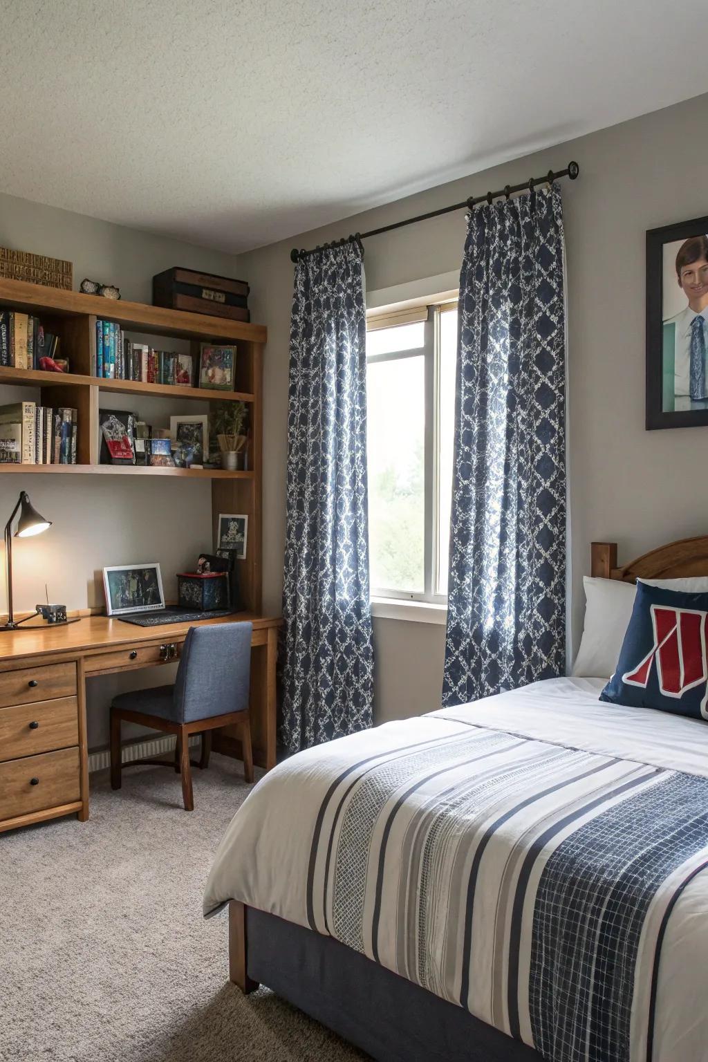 Made window coverings bring warmth and elegance to the space.