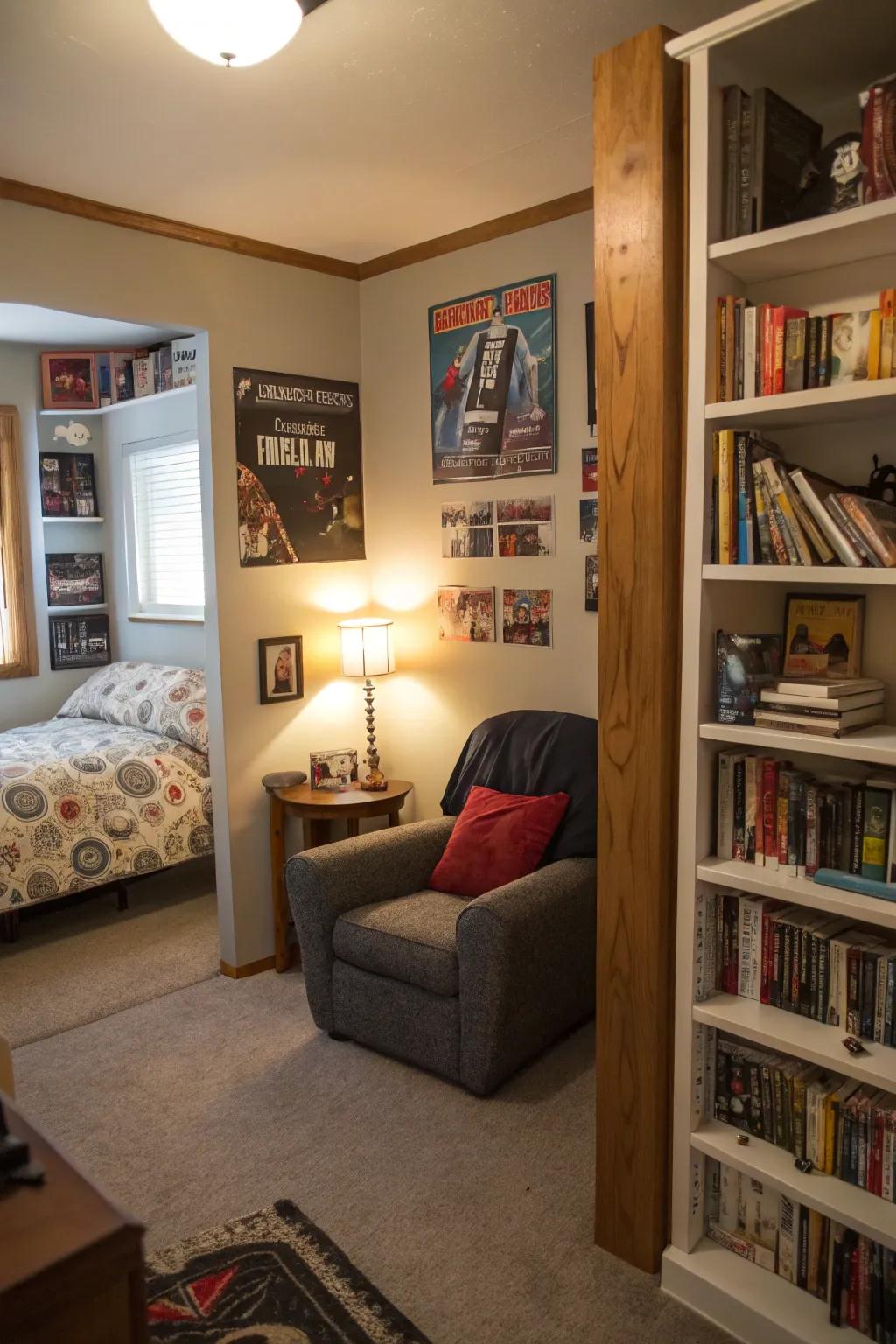 A relaxing reading spot in a teen boy's room, ideal for peaceful times.