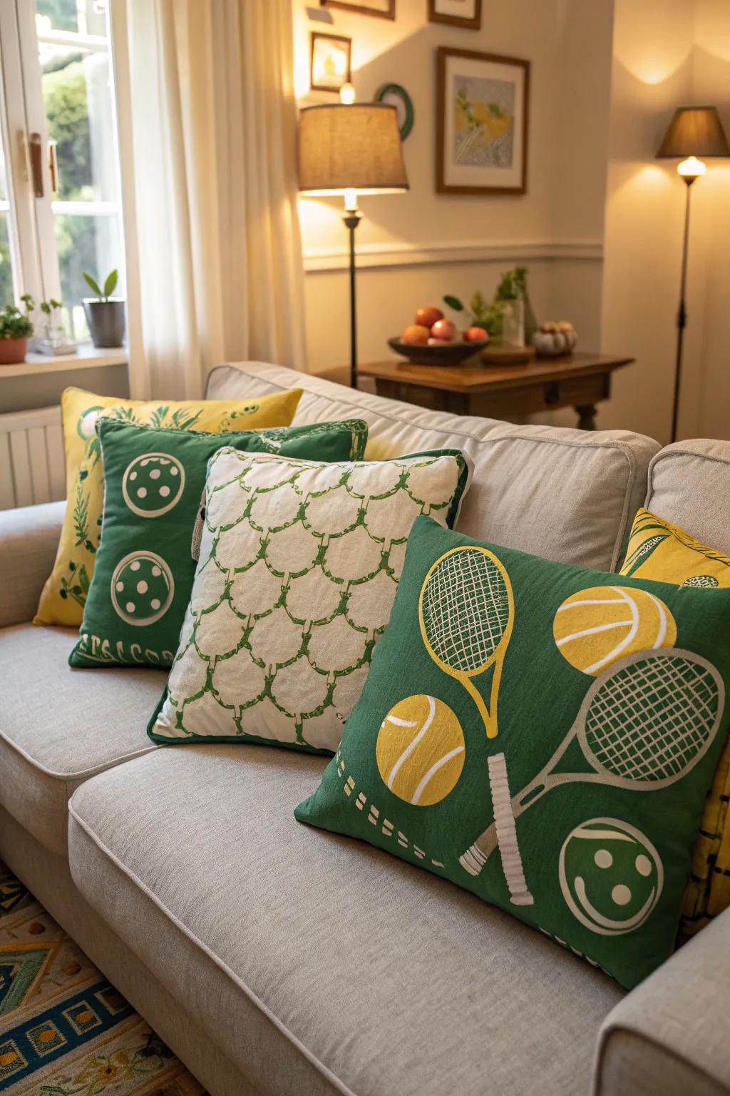 Tennis-inspired cushions enhance comfort and style.