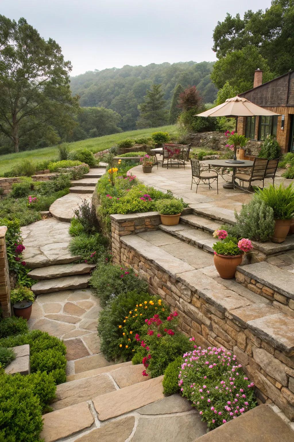 Rock routes and patio spaces in a tiered garden, providing structure and flow.