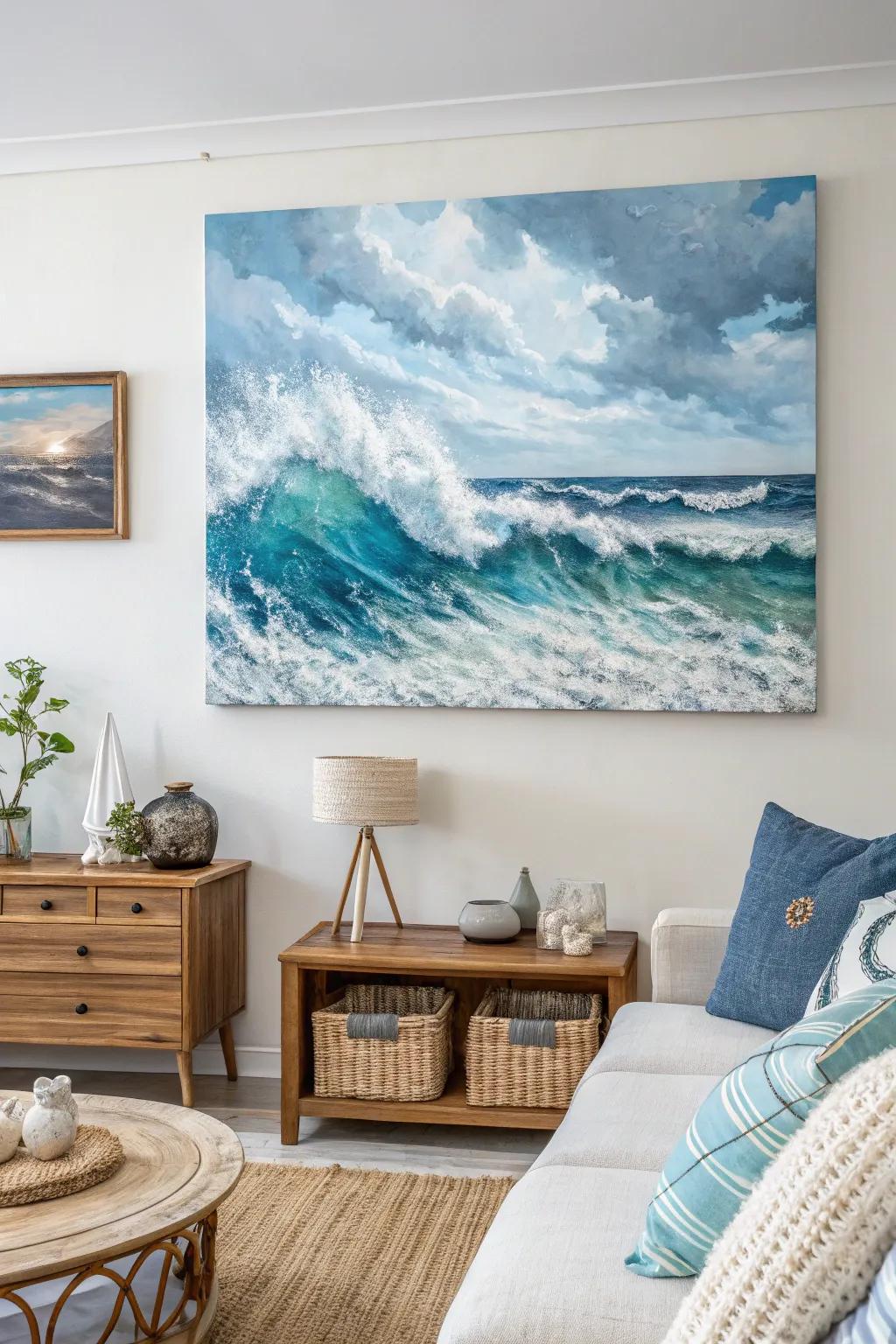 A textured seascape painting brings the calming essence of the ocean into this coastal living space.