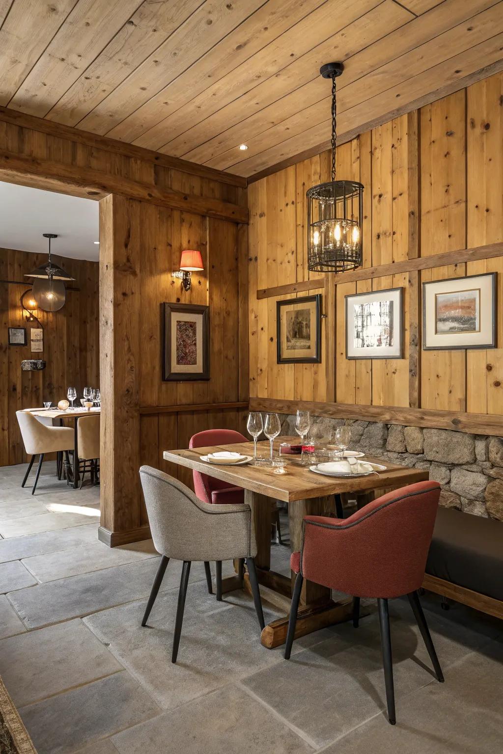 A dining area with warm wood panel walls.
