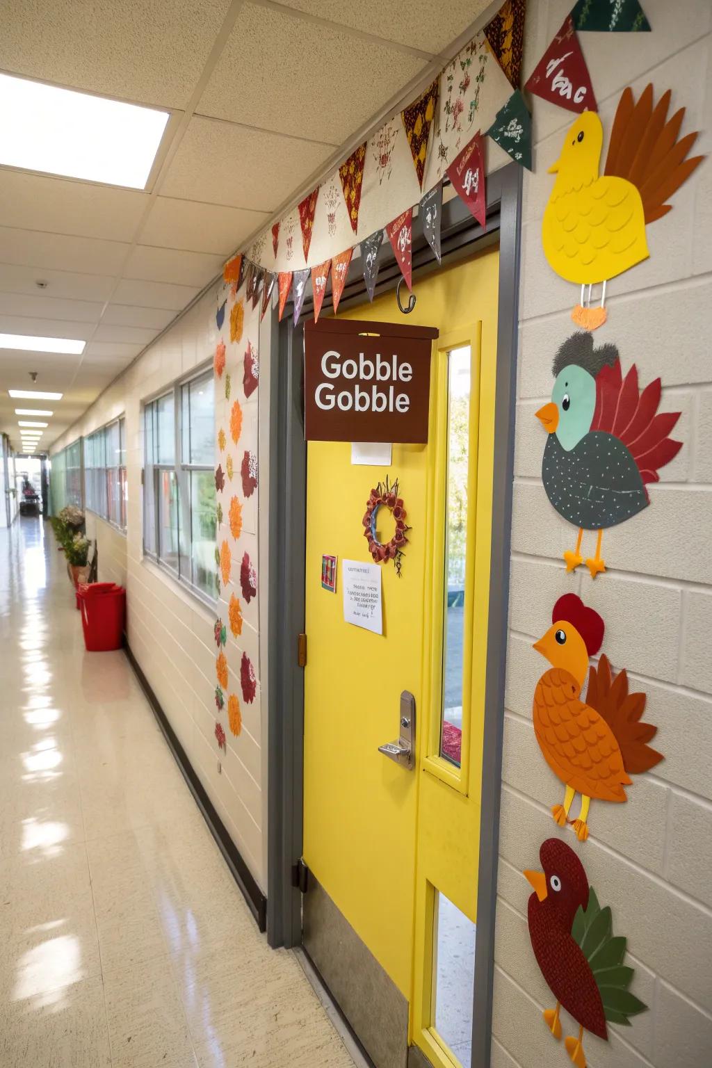 A whimsical Gobble Time door display with playful turkeys.