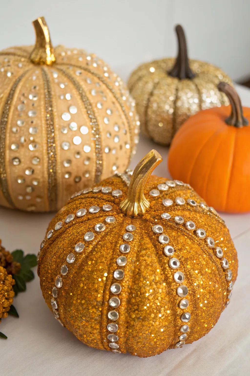 Alluring spangled pumpkins for a shimmering decor.