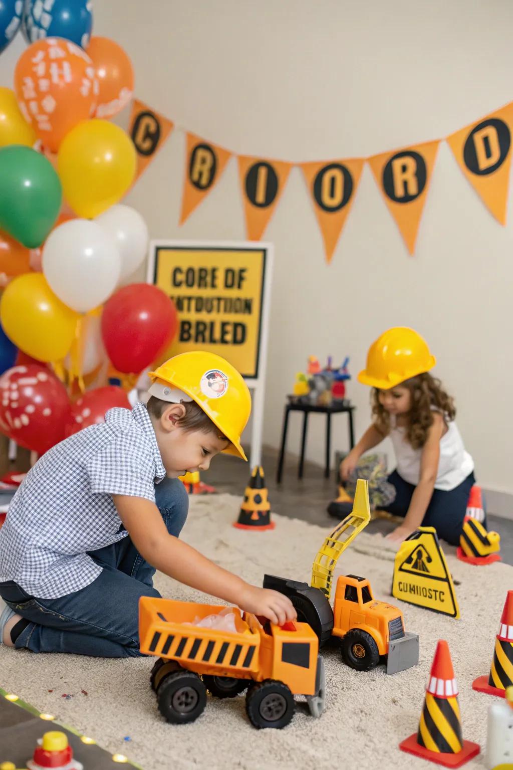 Construction-themed scene featuring interactive building activities.