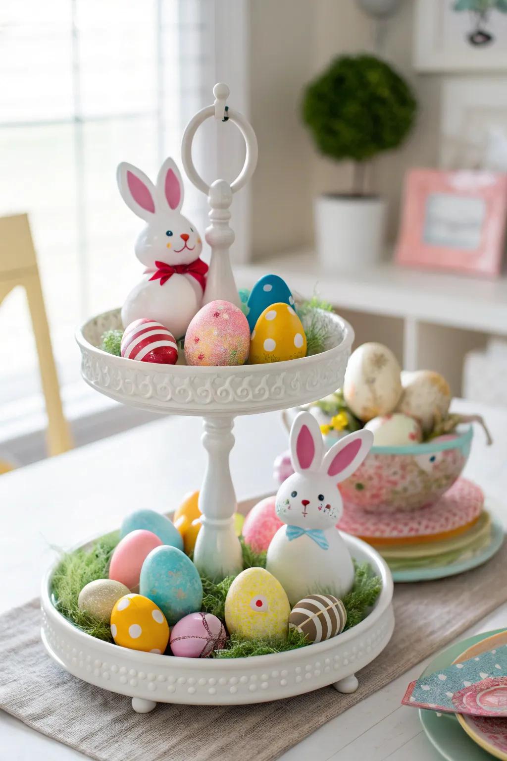 An Easter-themed tiered tray filled with joy and color.